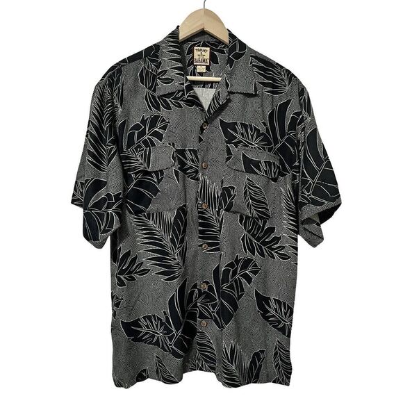 VTG Tommy Bahama Floral Silk Button Shirt Size M Black Vacation Tropical - LOGO - Picture 1 of 7